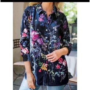 Soft Surroundings Velvet Floral Button Up Shirt‎ Women's Small Fairy Grunge Boho